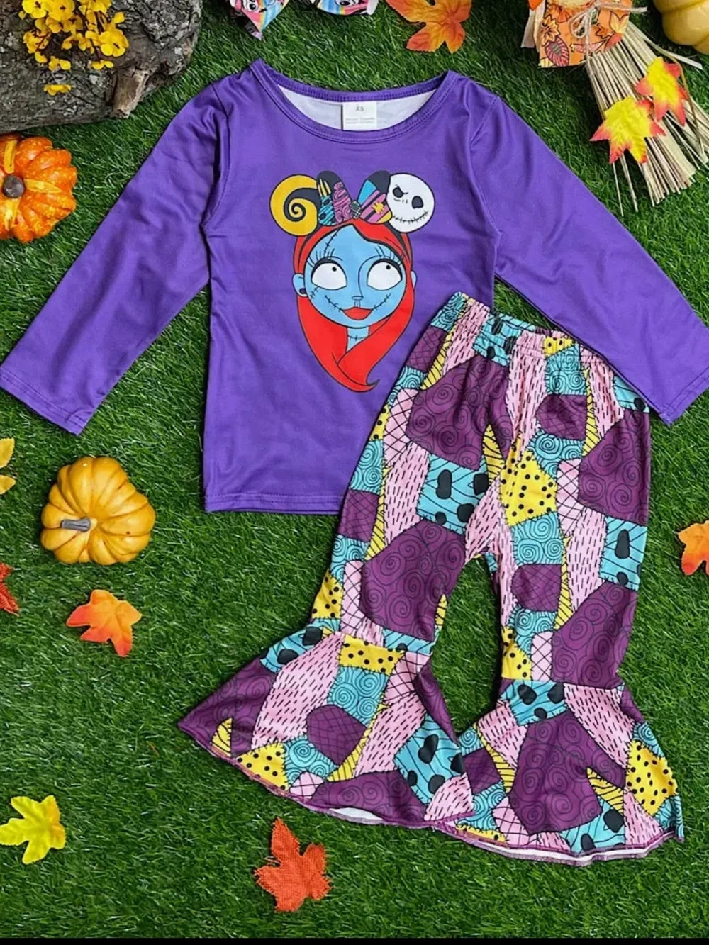 Halloween Cartoon Graphic Top & Patchwork Ruffle Pants Set NIP